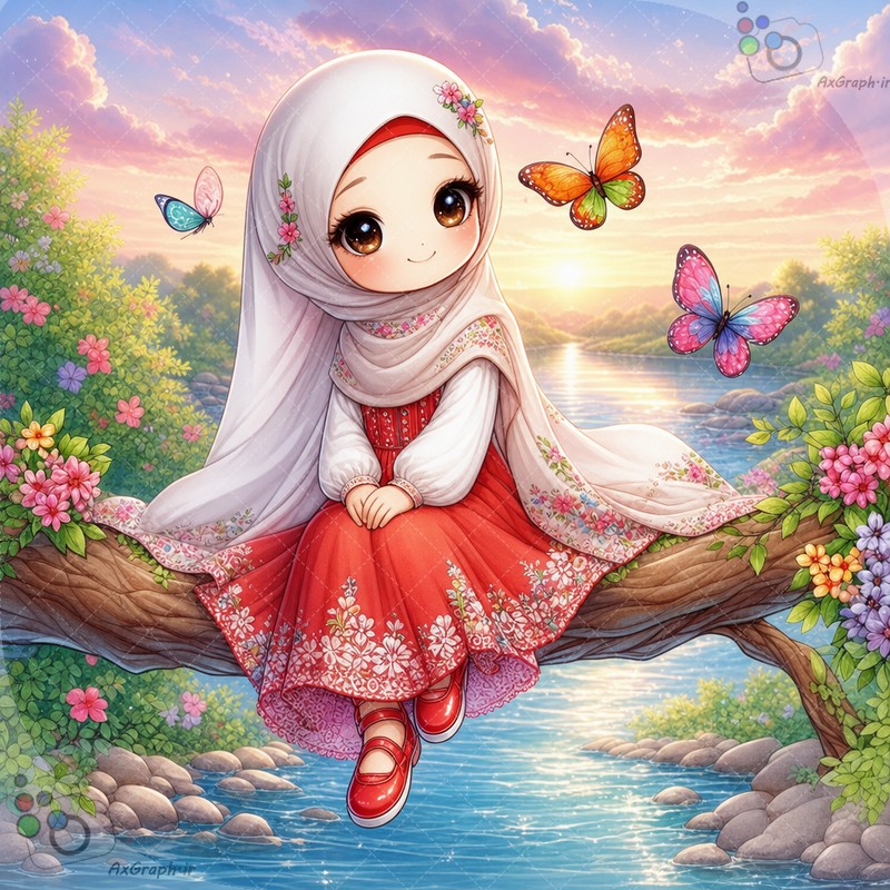 🌟🌸 طرح دختربچه فانتزی با لباس قرمز و روسری سفید نشسته روی درخت کنار رودخانه غروب - کد ۴۴۹۸۷ (ویژه عکس گراف) 🦋🌅✨