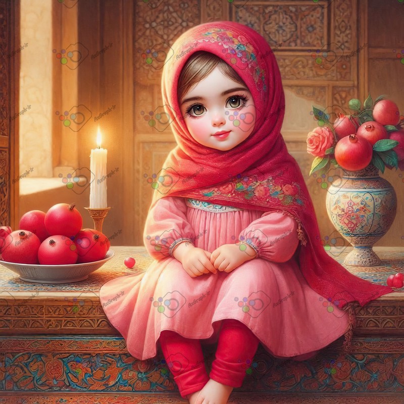 بک گراند کودکانه یلدا با طرح دختر بچه با حجاب با ظرف انار و شمع-کد 44628(ویژه عکس گراف)
