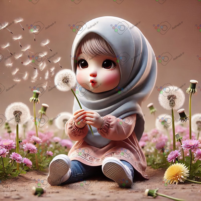 بک گراند کودکانه دختر ریزه میزه ناز با حجاب در حال فوت کردن قاصدک-کد 44539(ویژه عکس گراف)