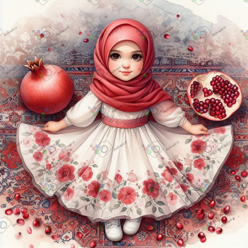 بک گراند کودکانه یلدا با طرح دختر بچه با حجاب و فرش ایرانی و انار-کد 44662(ویژه عکس گراف)