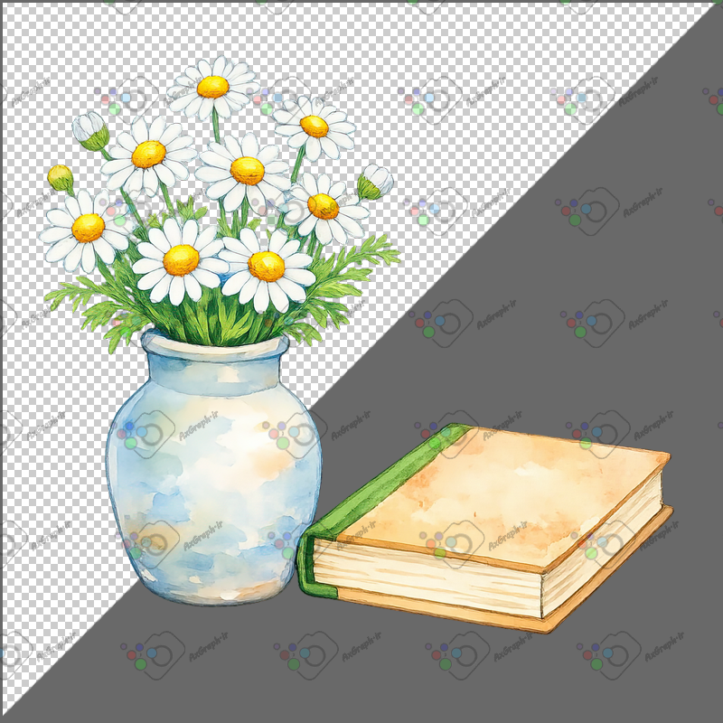 طرح برچسب فانتزی کتاب و گلدان گل مینا-کد 70145(ویژه عکس گراف)