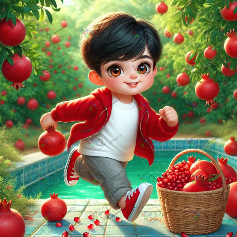 بک گراند کودکانه یلدا با طرح پسربچه ناز در حال دویدن کنار حوض کاشی در باغ انار-کد 44761(ویژه عکس گراف)