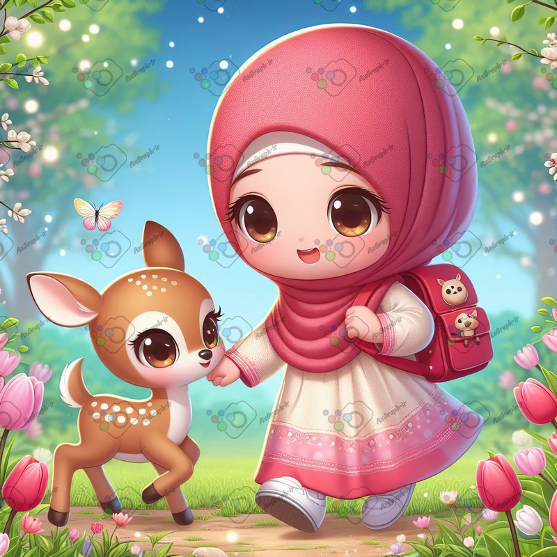 بک گراند کودکانه دختر بچه ناز با حجاب و بچه آهو در حال گردش در باغ لاله-کد 44547(ویژه عکس گراف)