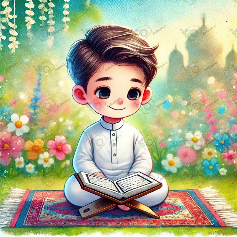 بک گراند کودکانه پسر کوچک نشسته روی سجاده در حال قرآن خواندن در باغ-کد 43872(ویژه عکس گراف)