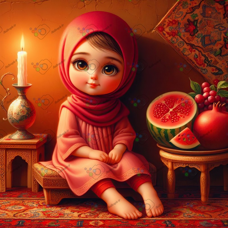 بک گراند کودکانه یلدا با طرح دختر بچه با حجاب با دکور سنتی و میوه های یلدایی-کد 44640(ویژه عکس گراف)