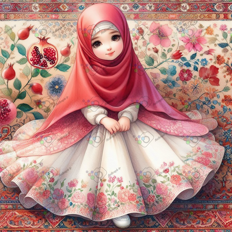 بک گراند کودکانه یلدا با طرح دختر بچه با حجاب و فرش ایرانی و انار-کد 44677(ویژه عکس گراف)
