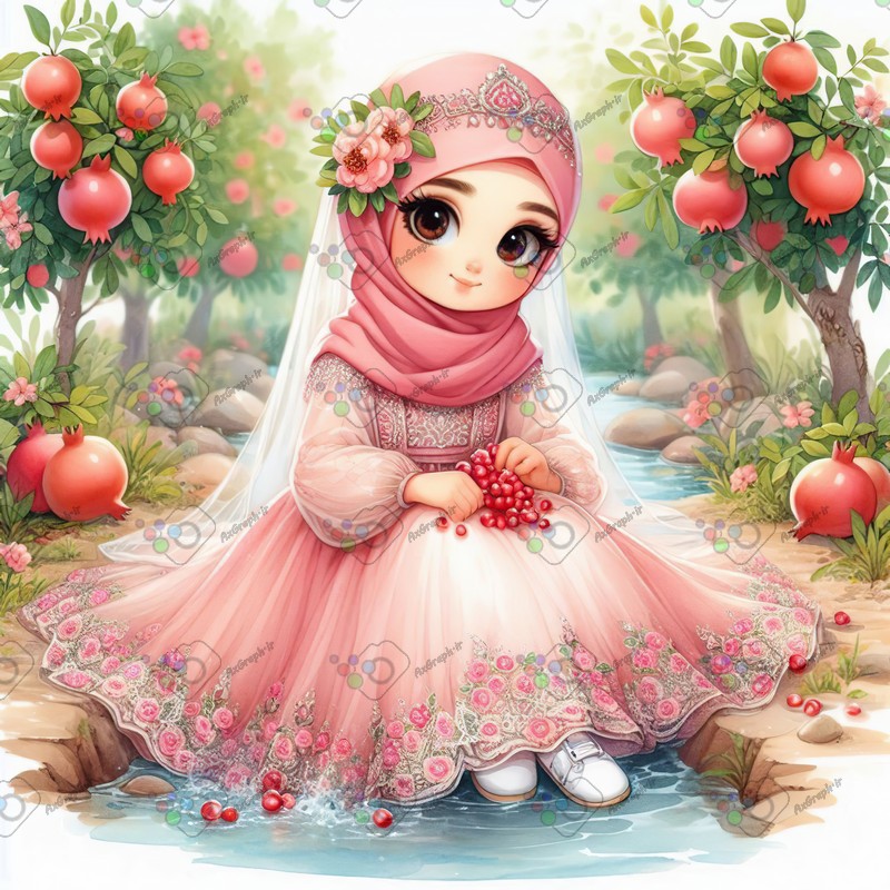 بک گراند کودکانه یلدا با طرح دختر ناز با حجاب نشسته کنار چشمه در باغ انار-کد 44712(ویژه عکس گراف)