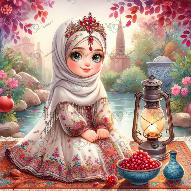 بک گراند کودکانه یلدا با طرح ظرف انار و دختر بچه با حجاب نشسته روی فرش در باغ-کد 44699(ویژه عکس گراف)