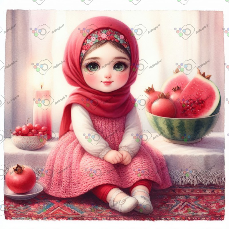 بک گراند کودکانه یلدا با طرح دختر بچه با حجاب ظرف انار و هندونه-کد 44679(ویژه عکس گراف)