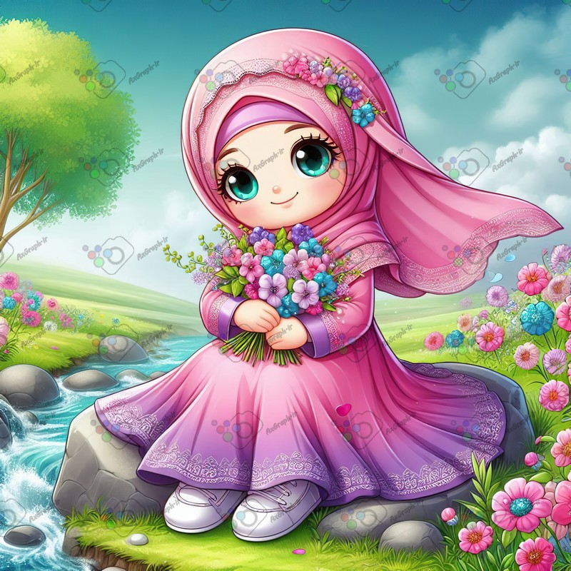 بک گراند کودکانه دختر بچه ناز با حجاب با دسته گل نشسته روی تخته سنگ-کد 44416(ویژه عکس گراف)