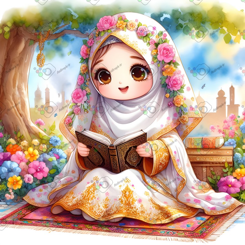 بک گراند کودکانه دختر بچه ناز با حجاب در حال قرآن خواندن در باغ گل-کد 44597(ویژه عکس گراف)