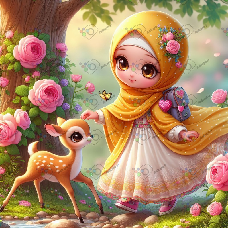 بک گراند کودکانه دختر ناز با حجاب و بچه آهو در باغ گل رز-کد 44447(ویژه عکس گراف)