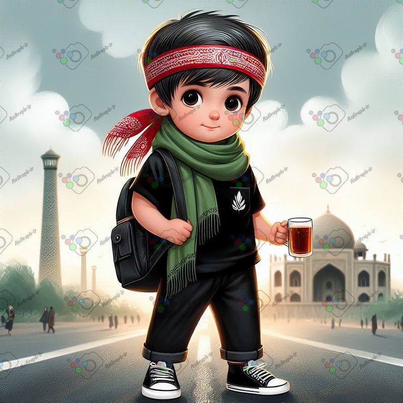 بک گراند کودکانه پسر بچه با لباس مشکی و شال و سربند در جاده-کد 44364(ویژه عکس گراف)