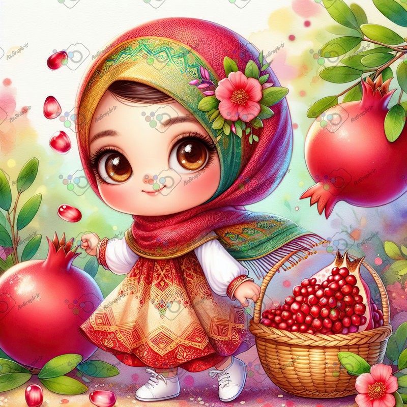 بک گراند کودکانه یلدا با طرح دختر بچه با حجاب با سبد دانه انار در باغ انار-کد 44715(ویژه عکس گراف)