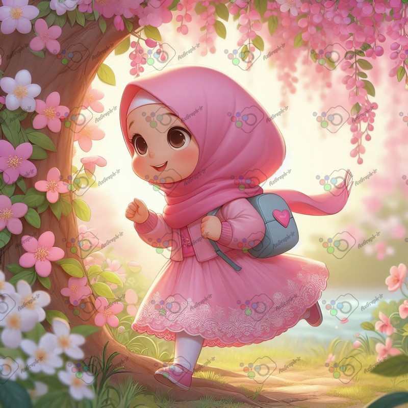 بک گراند کودکانه دختر بچه ناز با حجاب در حال عبور از جنگل-کد 44407(ویژه عکس گراف)