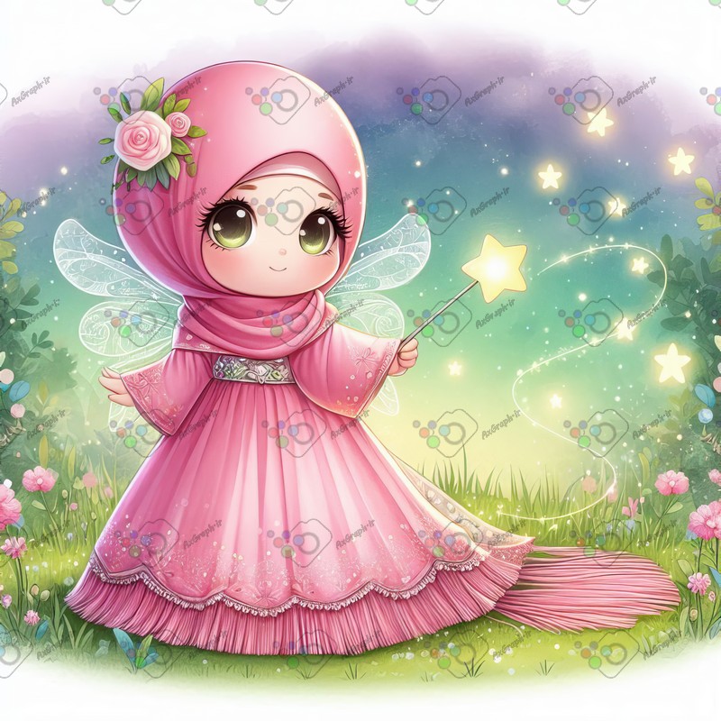 بک گراند کودکانه پری کوچک ناز با حجاب با چوب دستی سحرآمیز در باغ گل-کد 44541(ویژه عکس گراف)