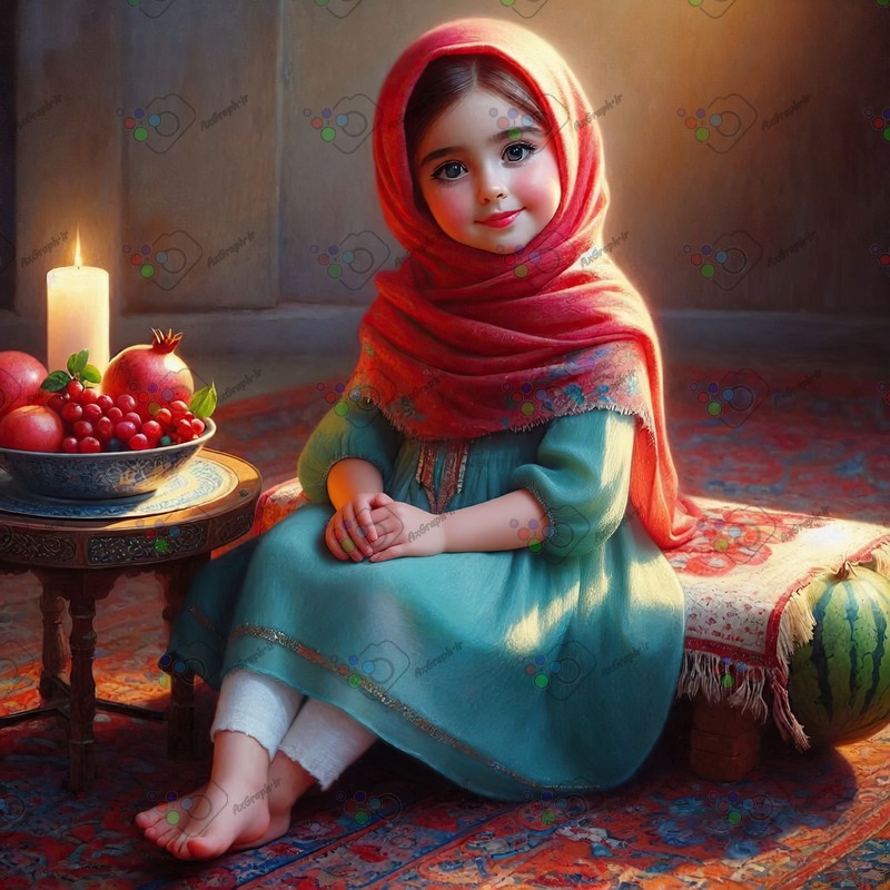 بک گراند کودکانه یلدا با طرح دختر بچه با حجاب با دکور سنتی-کد 44633(ویژه عکس گراف)