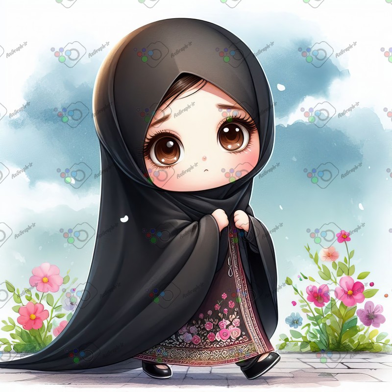 بک گراند کودکانه دختر کوچولوی ناز چادری با چهره غمگین در حال راه رفتن-کد 44341(ویژه عکس گراف)