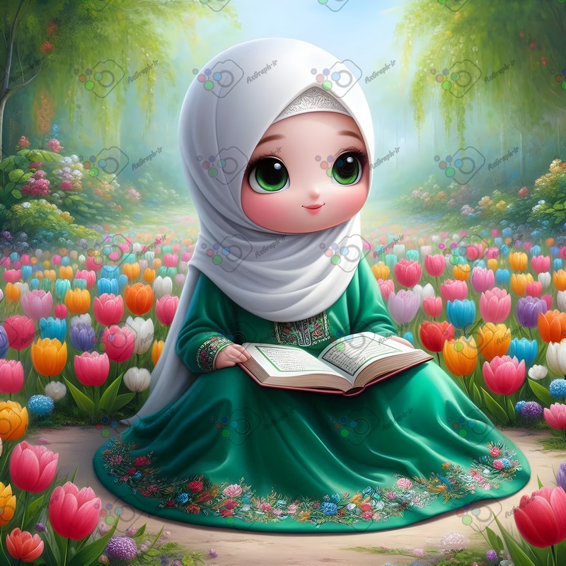 بک گراند کودکانه دختر بچه ناز با حجاب در حال قرآن خواندن میان لاله ها-کد 44587(ویژه عکس گراف)
