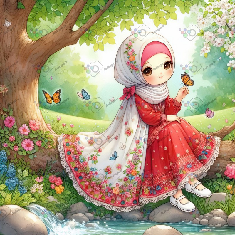 بک گراند کودکانه دختربچه ناز با حجاب نشسته روی درخت کنار برکه میان گلها-کد 44808(ویژه عکس گراف)