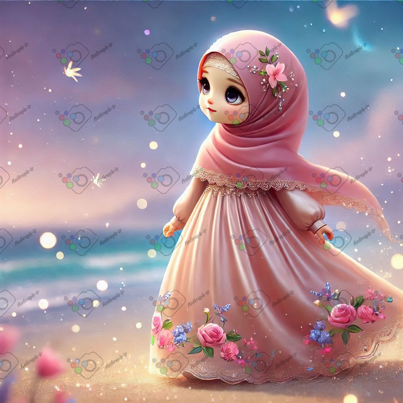 بک گراند کودکانه دختر ریزه میزه ناز با حجاب ایستاده در ساحل-کد 44534(ویژه عکس گراف)